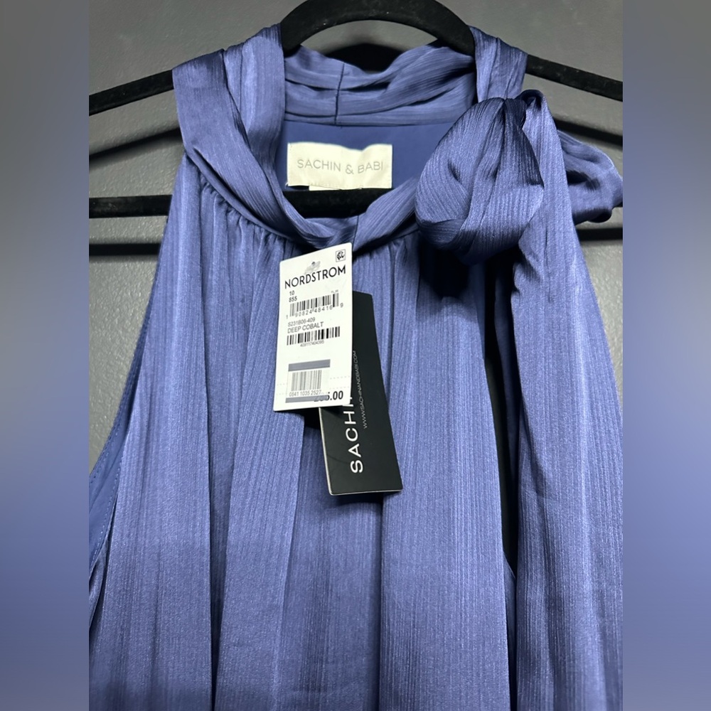 NWT Sachin and Babi Kayla Gown Tie Neck Maxi Crinkle Dress Deep Cobalt 10 - Picture 2 of 7